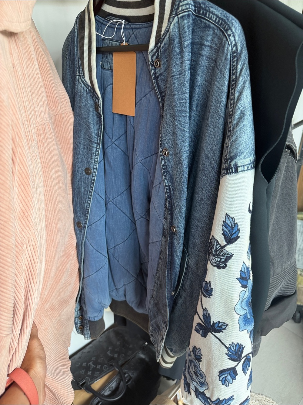 Free People Blue Denim Bomber Jacket with White Floral Sleeves